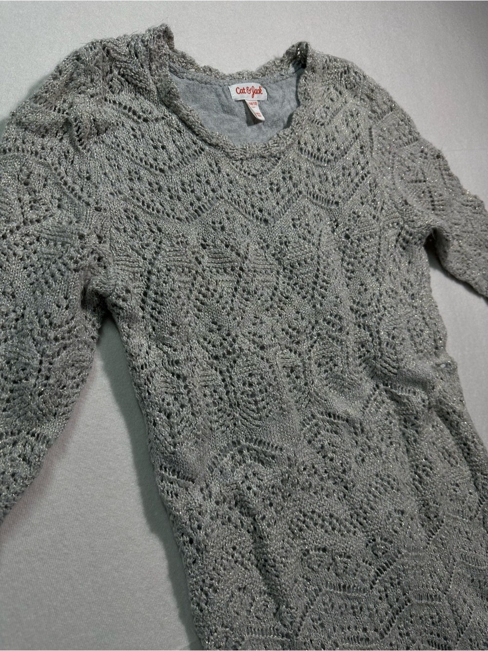 Cat & Jack Girls 10/12 Gray Silver Shimmer Open Knit Sweater Dress